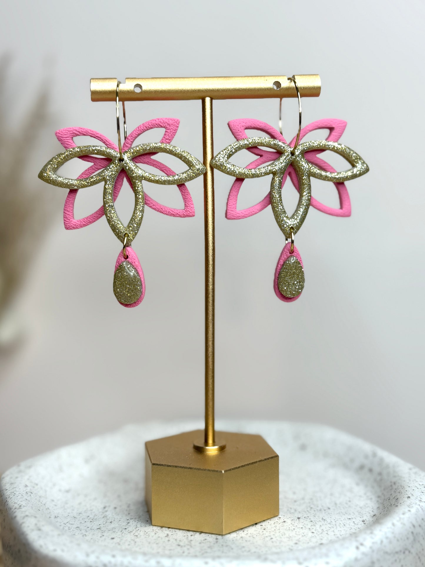 Handmade Pink & Gold Whimsy Lotus Dangles