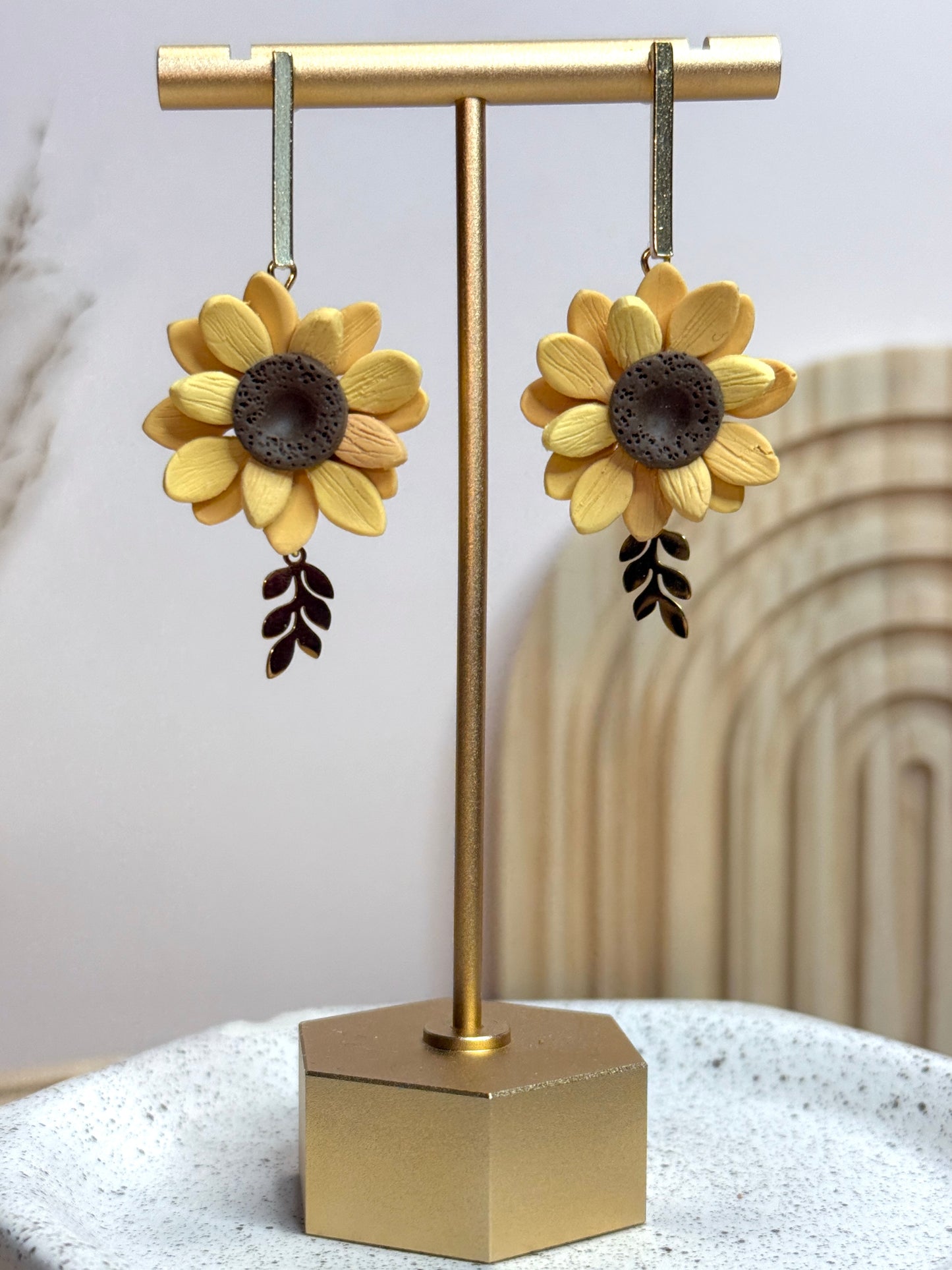 Handmade Sunflower Gold Leaf Dangles
