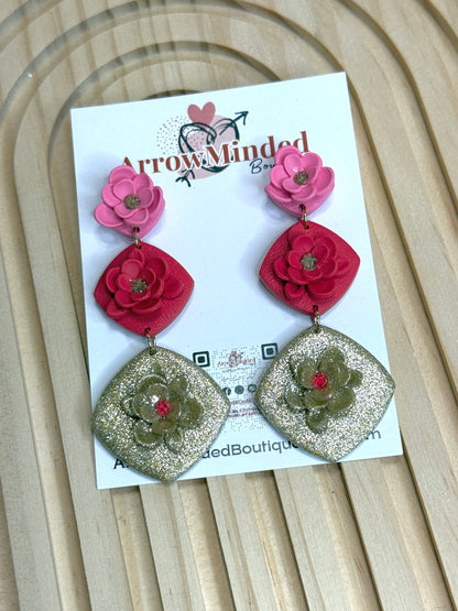 Handmade Pink Red Gold Floral Dangle Earrings