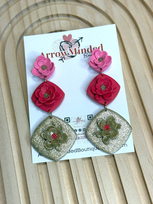Handmade Pink Red Gold Floral Dangle Earrings
