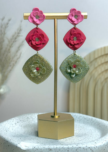 Handmade Pink Red Gold Floral Dangle Earrings