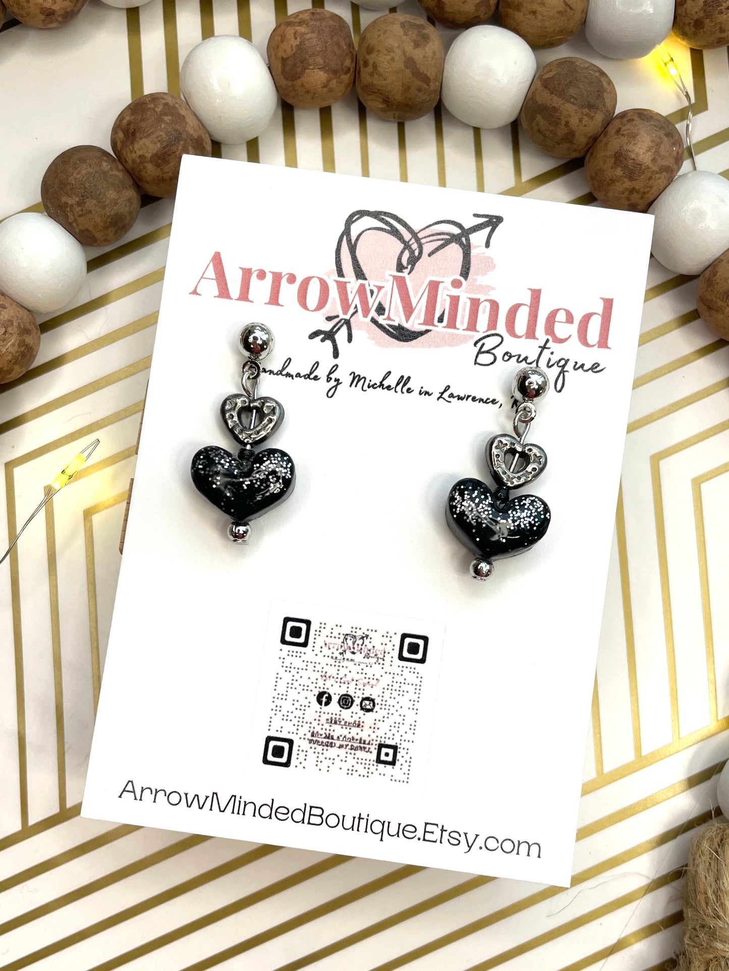 Handmade Silver and Black Heart Dangles