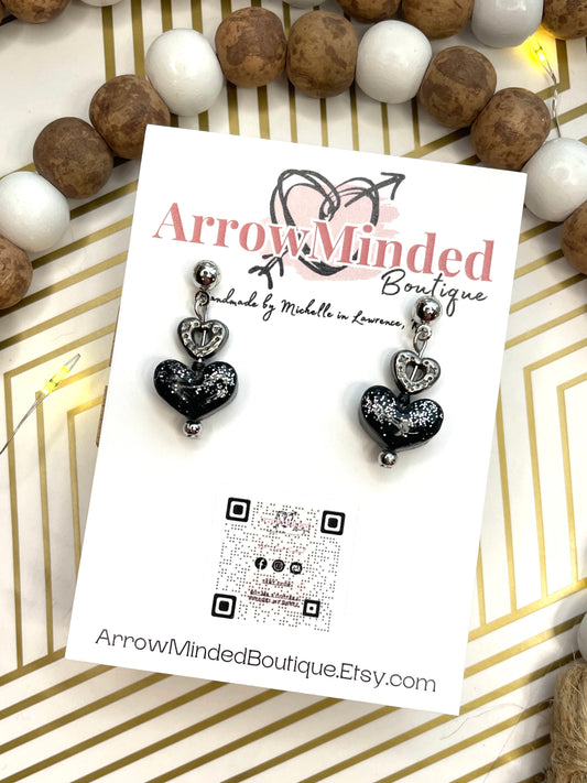 Handmade Silver and Black Heart Dangles