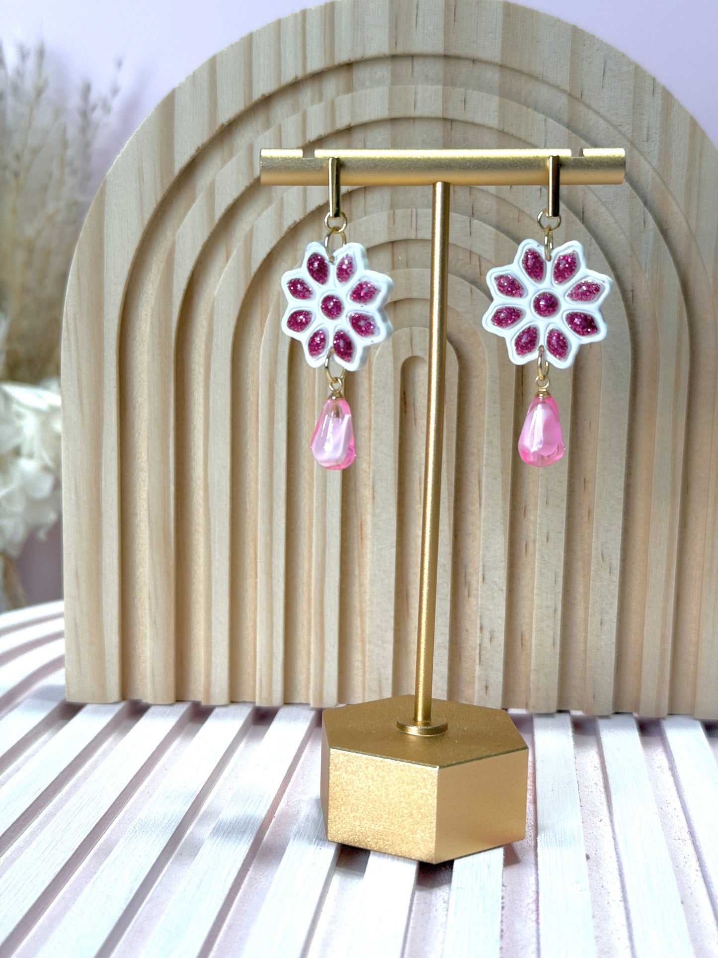 Handmade Sparkling Pink Floral Dangles