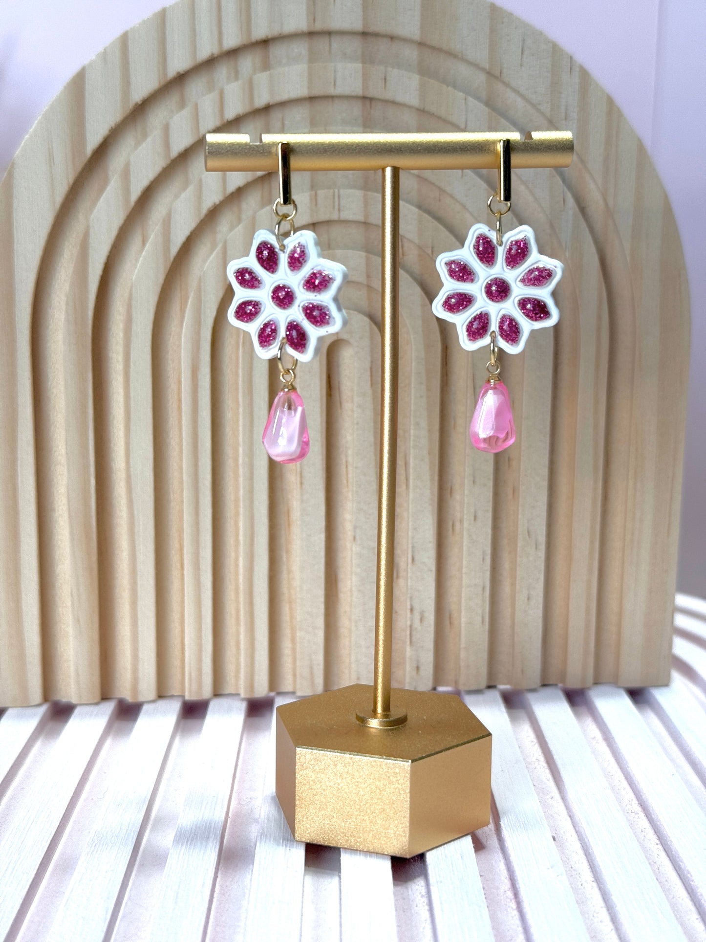 Handmade Sparkling Pink Floral Dangles