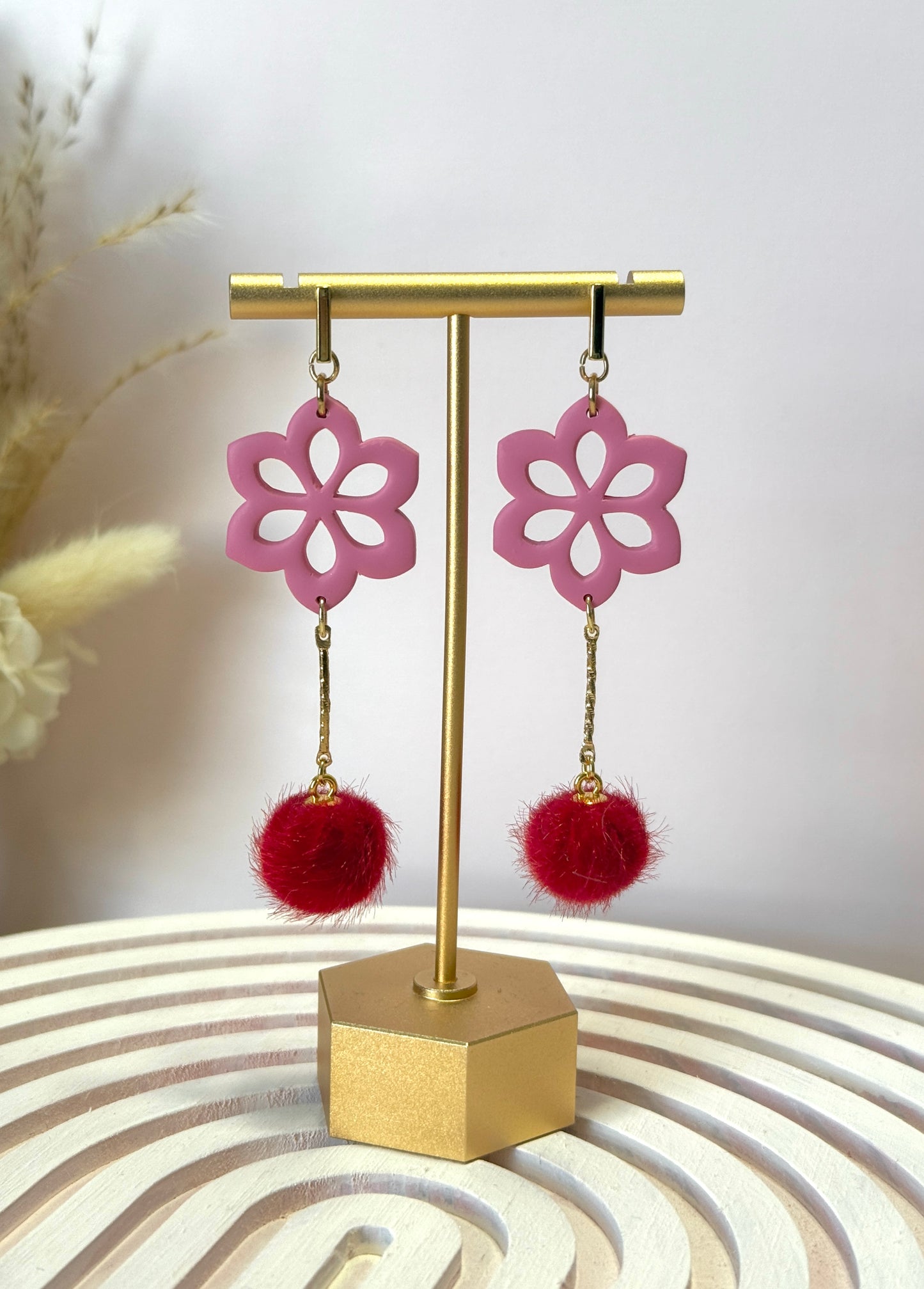Handmade Pink Flower Pom Dangles