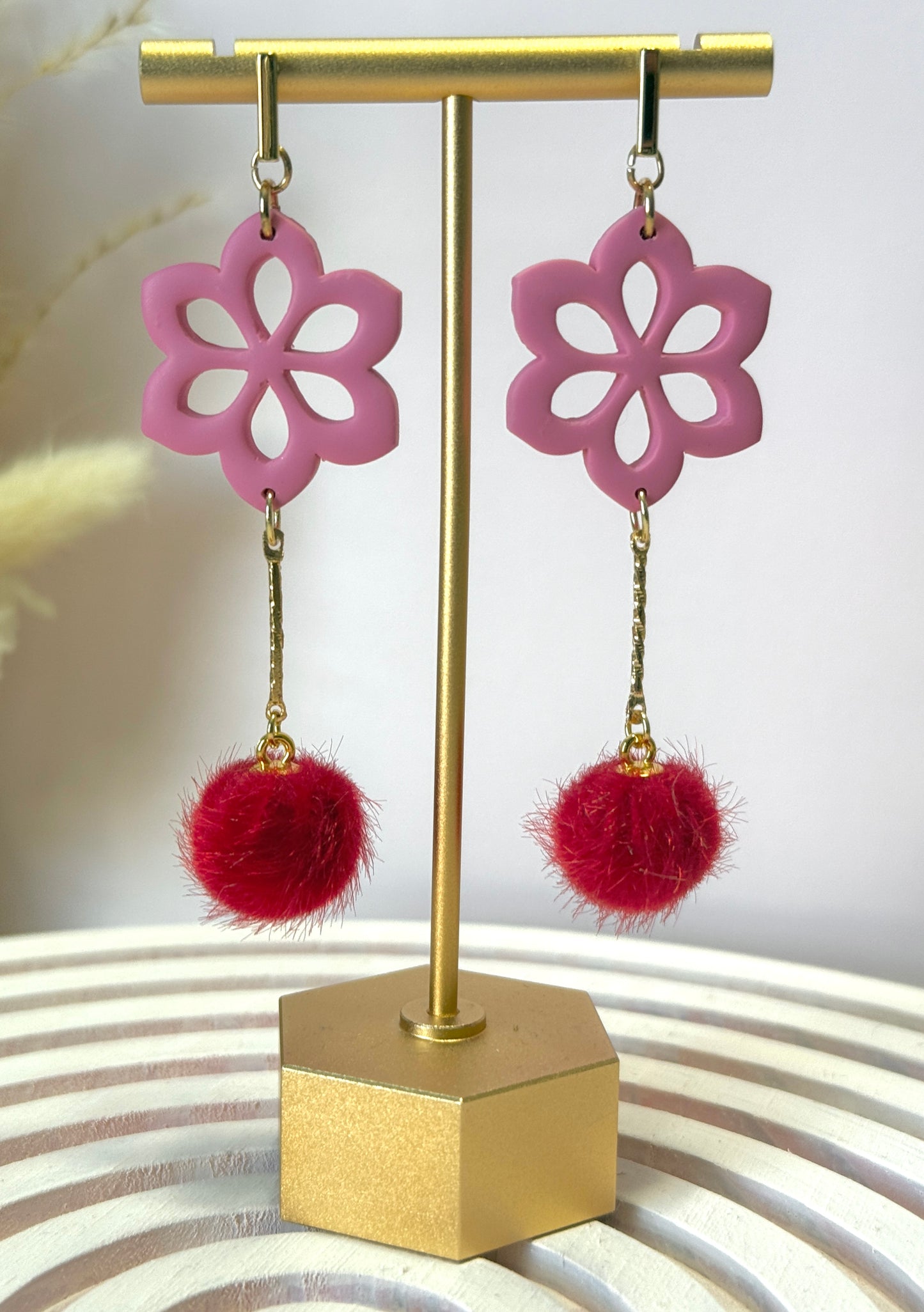 Handmade Pink Flower Pom Dangles