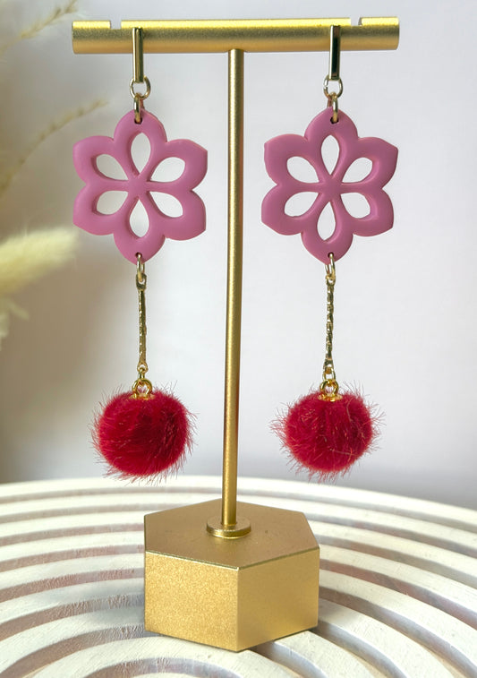 Handmade Pink Flower Pom Dangles