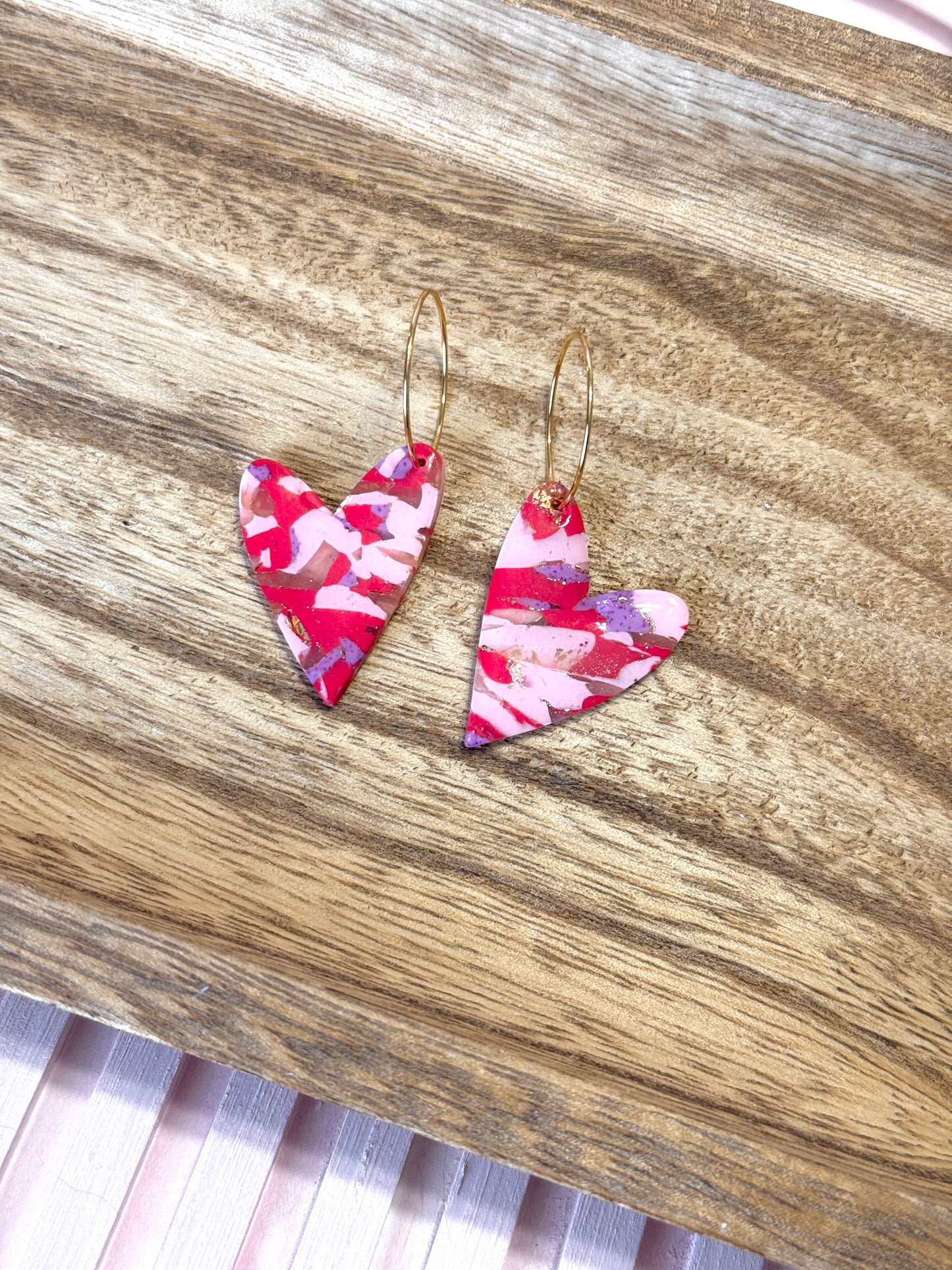 Handmade Crimson & Charm Heart Hoops
