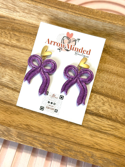Handmade Sweetheart Sparkly Purple Bow Earrings
