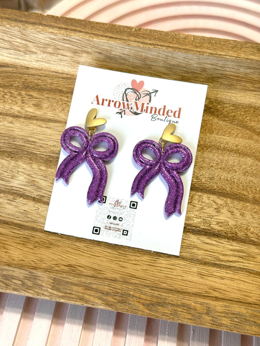 Handmade Sweetheart Sparkly Purple Bow Earrings