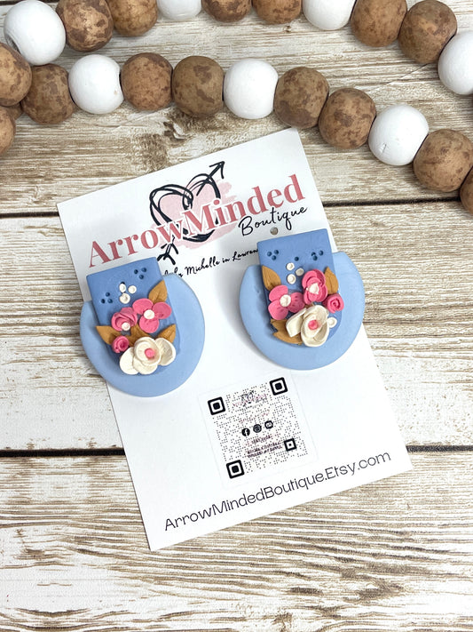 Handmade Blue Organic Floral Stud Earrings