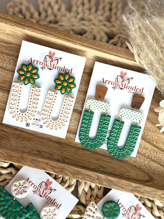 Handmade Boho Green White Arch Earrings