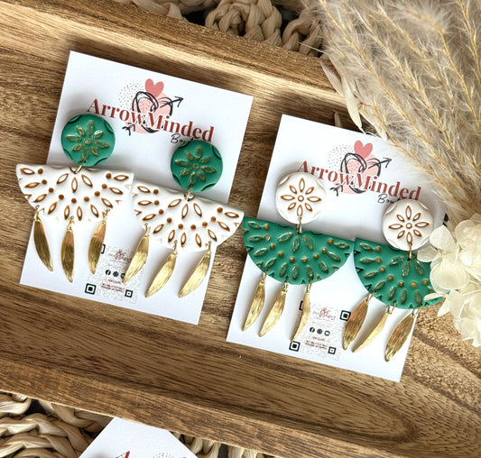 Handmade Boho Green & White Gold Dangles