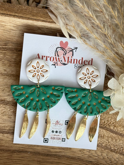 Handmade Boho Green & White Gold Dangles