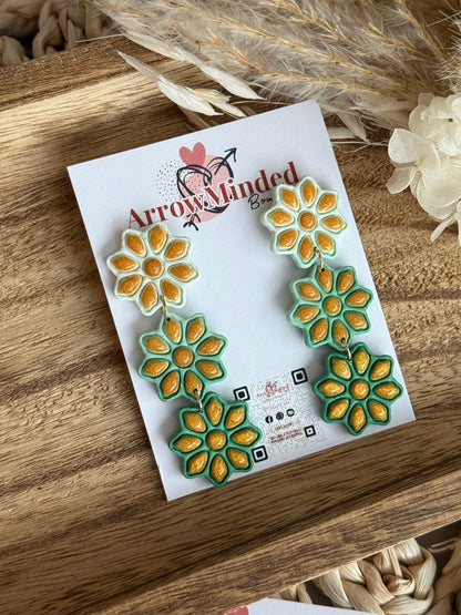 Handmade White to Green Gold Petal Floral Earrings
