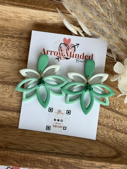 Handmade White Green Hollow Lotus Dangle Earrings