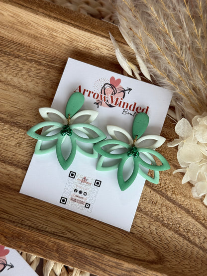 Handmade White Green Hollow Lotus Dangle Earrings