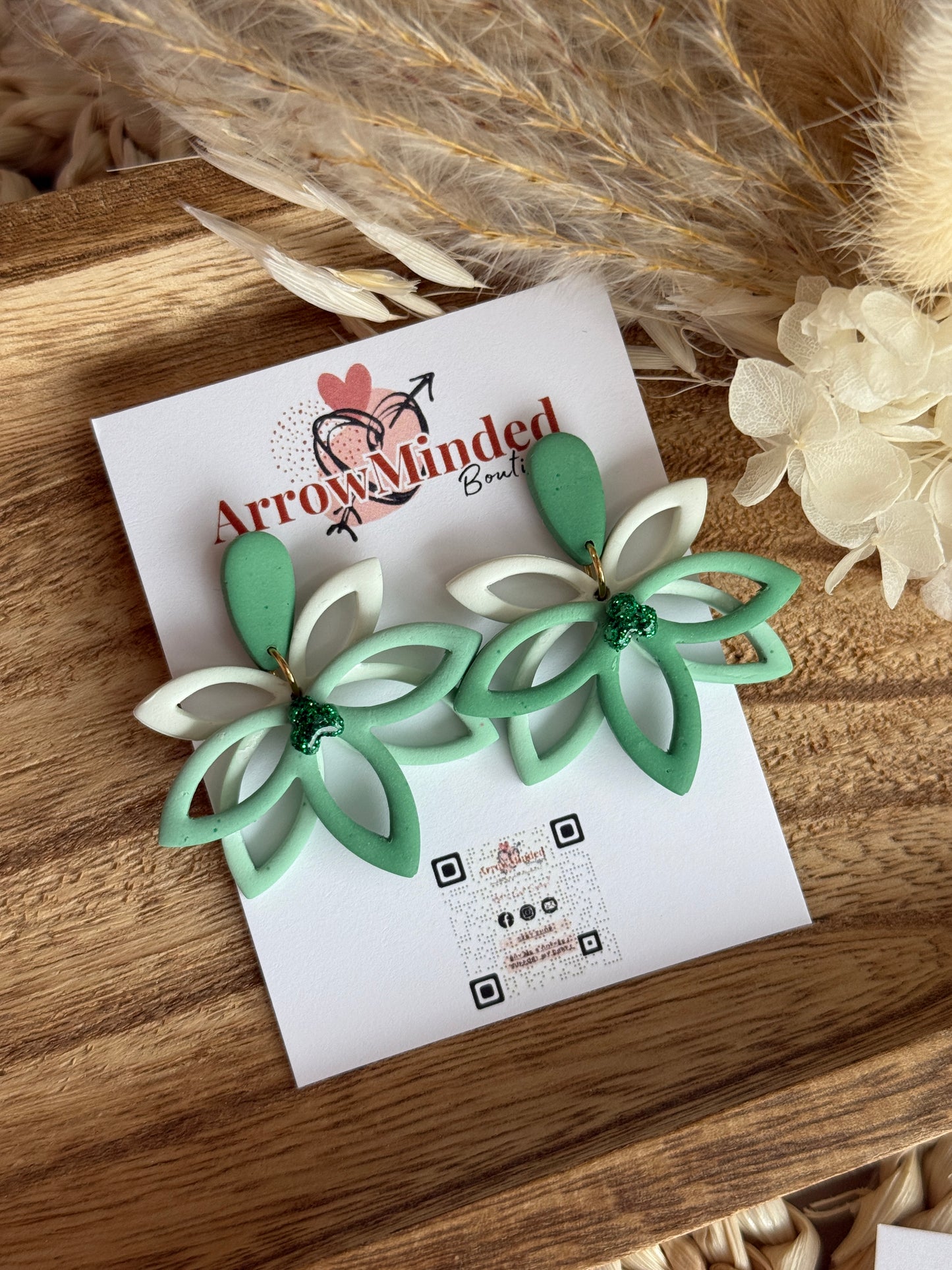 Handmade White Green Hollow Lotus Dangle Earrings