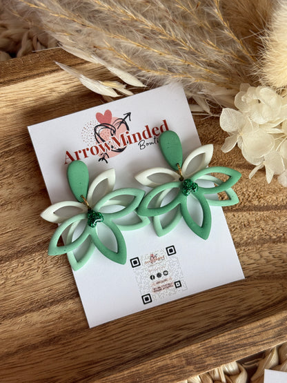 Handmade White Green Hollow Lotus Dangle Earrings