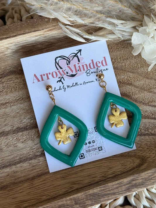 Handmade Green & Gold Shamrock Dangles