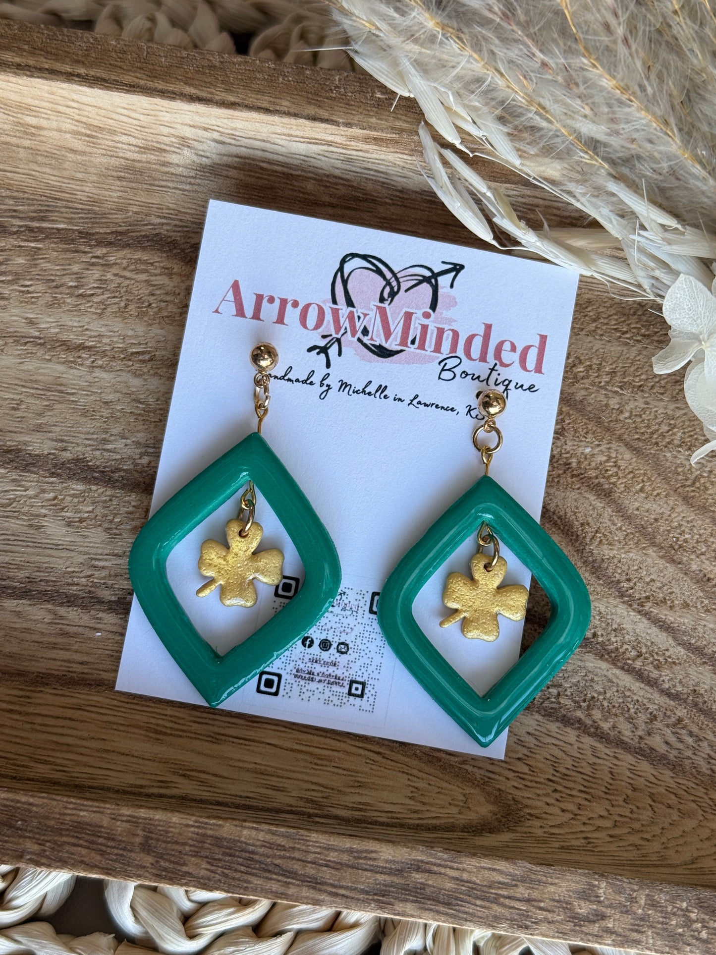 Handmade Green & Gold Shamrock Dangles