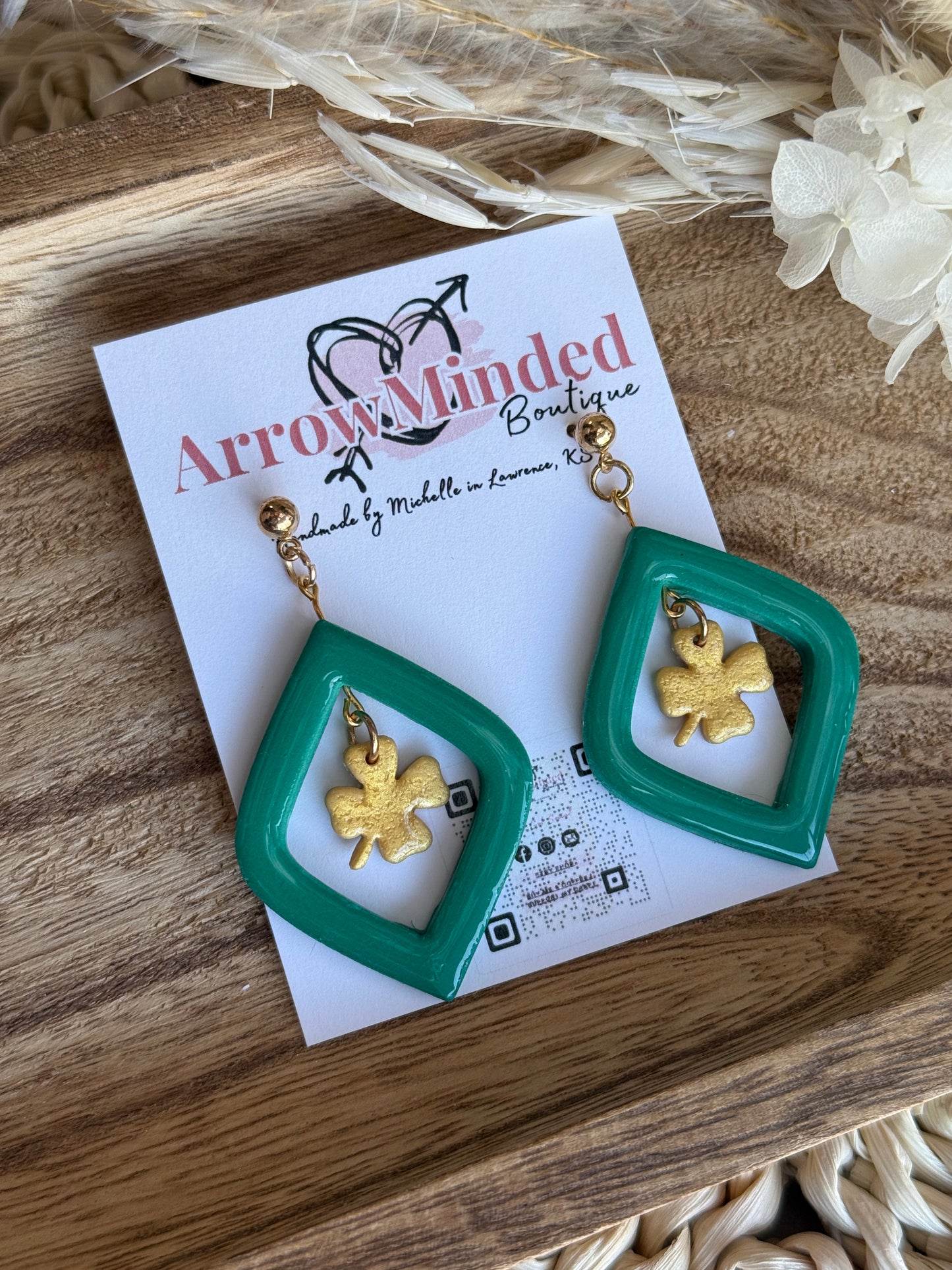 Handmade Green & Gold Shamrock Dangles
