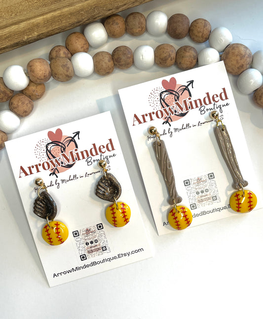 Handmade Softball, Glove, Bat Dangle Earrings